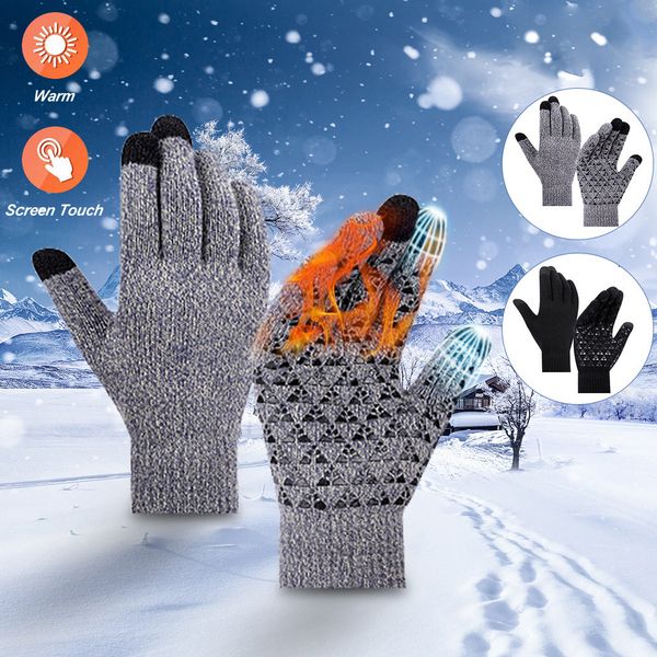 

men women winter thermal screen gloves outdoor knit warm sport ski gloves, Black