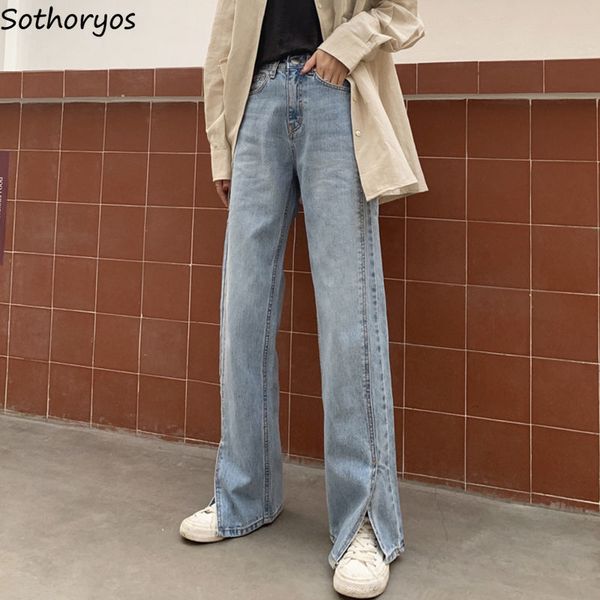 

women jeans wide leg side-slit trousers womens loose hip-hop streetwear washed casual vintage high waist all-match stylish chic, Blue