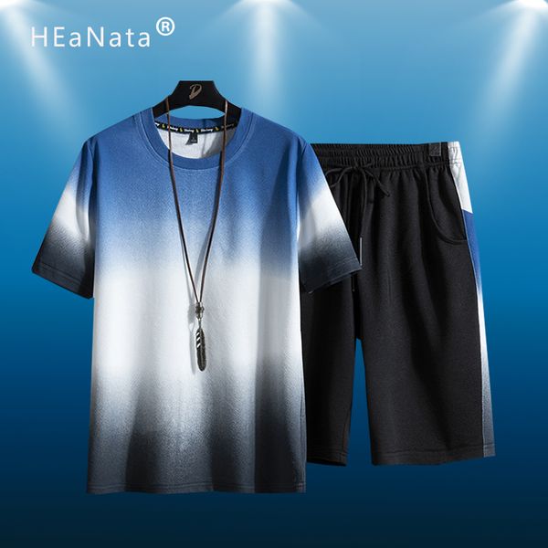 

summer set men fitness running beach suits short sleeve 2pcs sweatsuit + shorts fashion tracksuit men sport suits t-shirt shorts, Black;blue