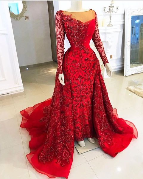 

2020 arabic red evening dresses with detachable train scoop neck satin appliqued beaded prom dresses long sleeve formal party pageant gowns, Black;red