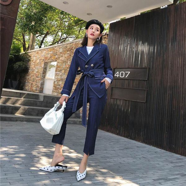 

new 2018 business women pencil pant suits 2 piece sets blue solid blazer + ankle length pant office lady jacket female outfits, Gray