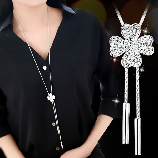 

корейская версия кристалла циркона четыре листа клевера свитер цепи ожерелье женщина простой кисточкой ожерелье ювелирных изделий, Silver