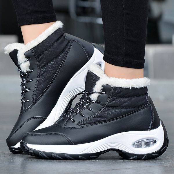 

cushion women's shoes trend winter ankle boots women warm plus velvet platform sneakers waterproof walking snow shoes 42 size, Black