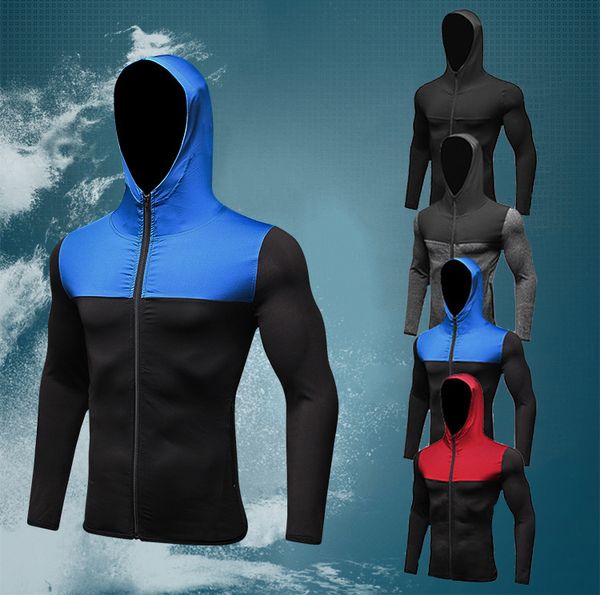 

running jacket men sports coat fitness long sleeve hooded tight hoodies zipper slim hiking sweatshirts male gym training jackets, Black;red