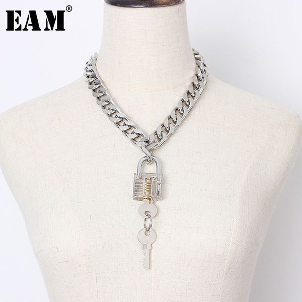 

eam] women big chain key decoration cool buckle metal necklace new temperament fashion all-match spring autumn 2020 1a139, Silver