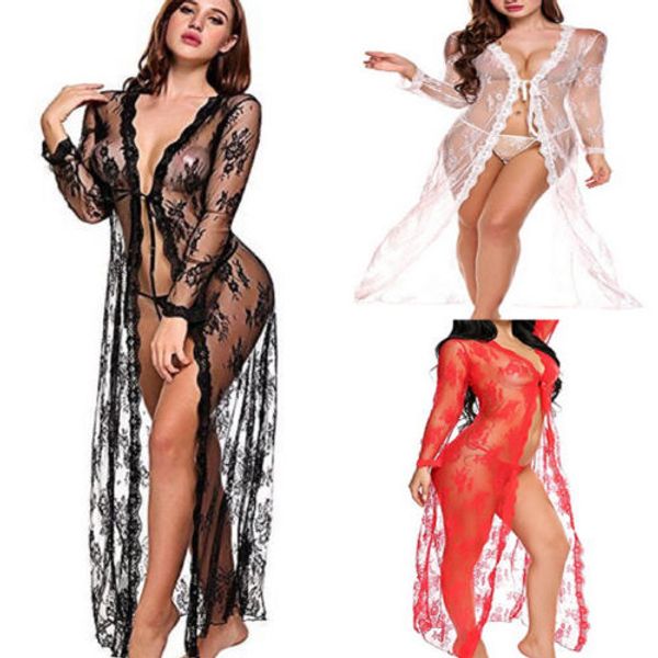 

us lingerie women summer lace dress long sleeve nightdress sleepwear, Black;white