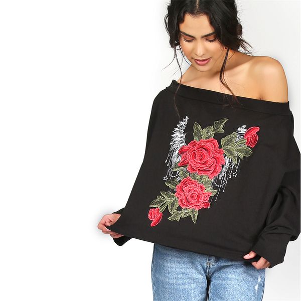 

spring fall women autumn casual long sleeve off the shoulder plain embroidered floral bardot pullover sweatshirt, Black