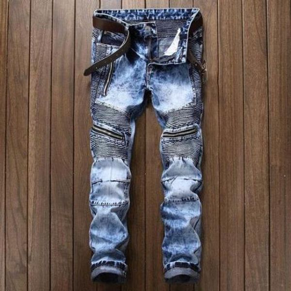

Men Biker Jeans Classic Denim Male Distressed Motocycle Jeans Pleated Multi Zipper Black Blue Slin Fit Punk Pants