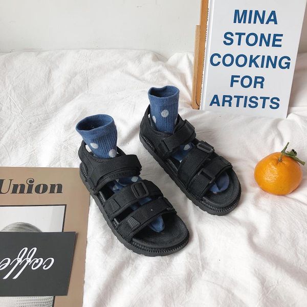 

flat bottom ins summer retro tide ins sandals female student korean version wild 2020 new harajuku style ulzzang, Black