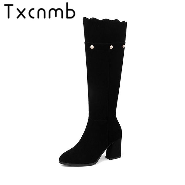 

txcnmb knee boots women platform cow suede leather high female booties round toe high heel black winter shoes woman szie 44 45
