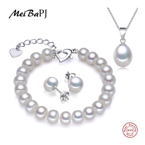

meibapj]925 silver 100% genuine freshwater pearl jewelry sets for women pendant necklace and earrings with gift box, Black