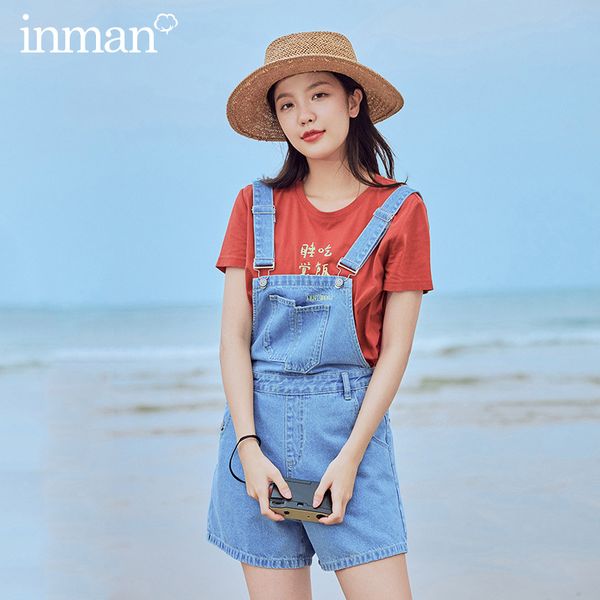 

inman 2020 лето новое поступление чистый хлопок вышивка мода свободные короткие подтяжки брюки, Blue