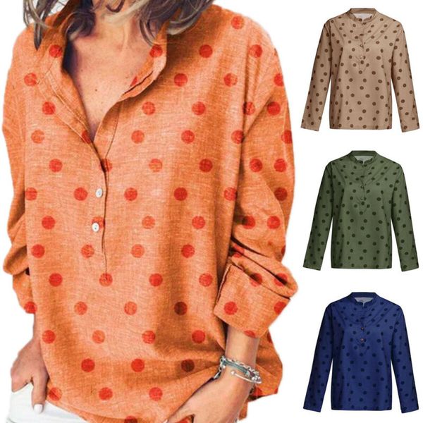 

Women Summer Long Sleeve Polka Dot T-shirt Over Size Button Blouse Tee Beach Top
