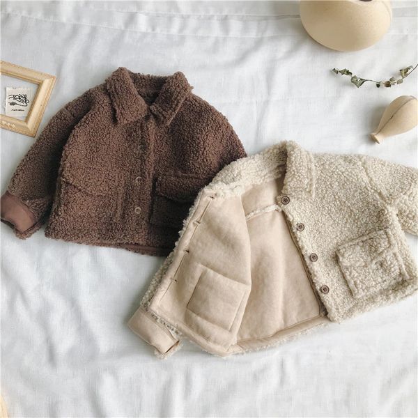 

wlg boys girls winter thick jackets kids beige brown velvet warm turn down collar long sleeve coats baby casual clothes children t200225, White;black