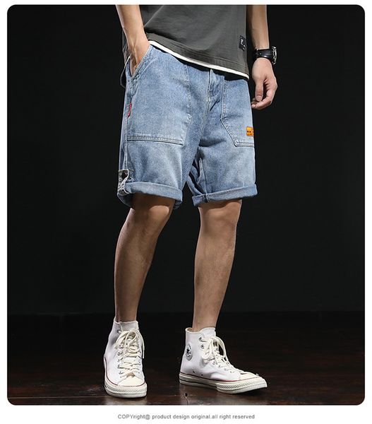 

mens summer designer denim shorts straight middle waist knee length pocket jeans belt washed mens pants blue black, White;black