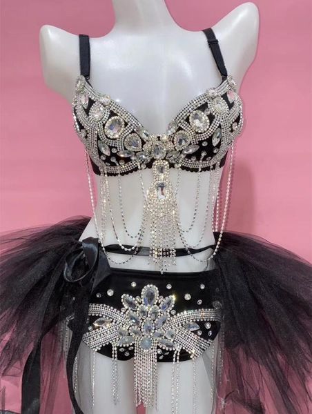 

nightclub women stage dj pole dancing performance silver black rhinestones bikini mini skirt outfit club party show costume, Black;red