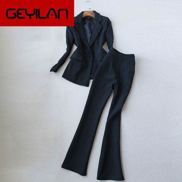 

temperament women's pants suit new autumn solid color slim ladies jacket casual high waist flare trousers two sets, White;black