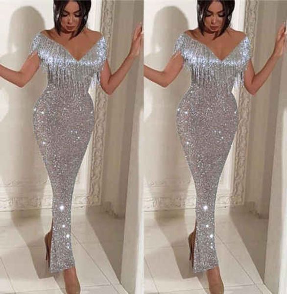 

maxi dress women sequin deep-v bodycon dress off shoulder long sleeve ankle length evening party long dress, Black;red