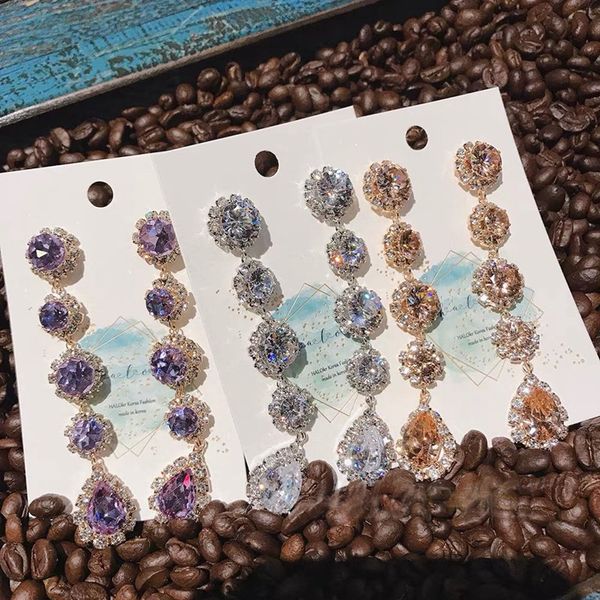 

mengjiqiao 2018 korean new purple crystal water drop dangle earrings women fashion shining rhinestone flower long pendientes, Silver