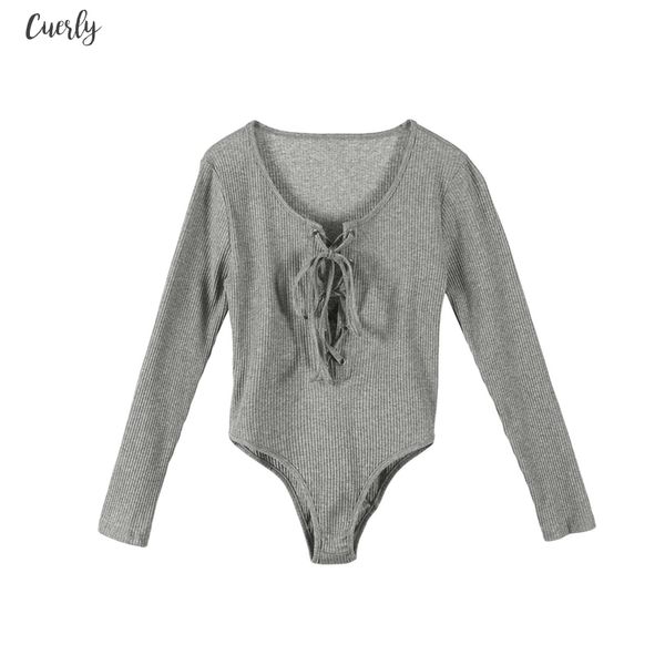 

knitted cotton bodysuit women long sleeve bodysuits one piece leotard women skinny body lace up skinny jumpsuit, Black;white