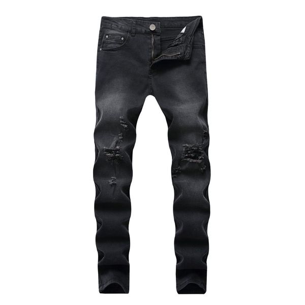 

foreign trade men's, black skinny elasticity with holes casual jeans slim fit tight washing amazon wish trousers, Blue
