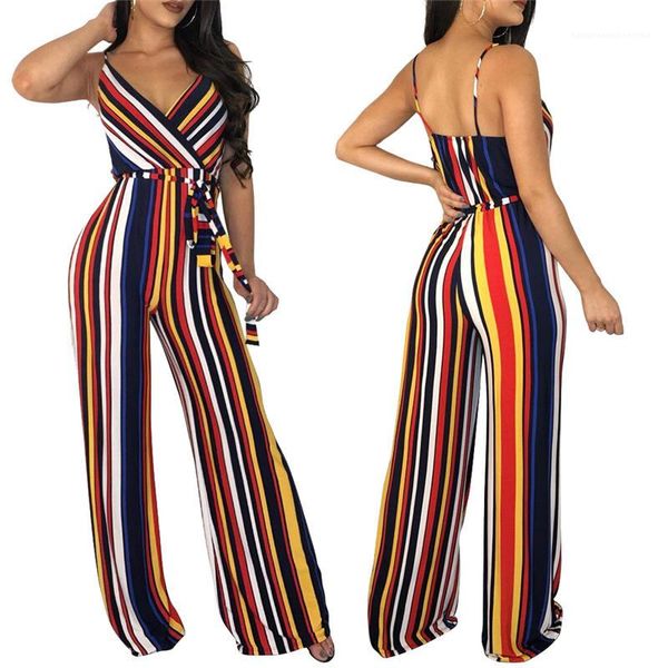 

women spaghetti strap v neck vertical striped jumpsuit high waist wide leg pants rompers streetwear overalls with sashes, Black;white