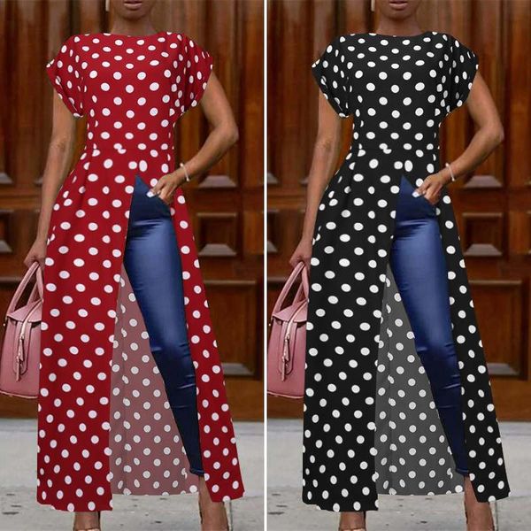 

women's blouses & shirts fashion polka dot long shirt summer short sleeve high split hem blouse zanzea elegant blusas party tunic robe, White