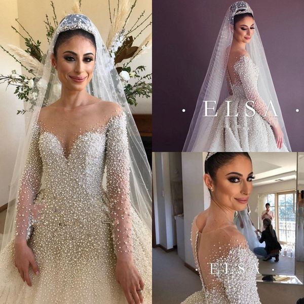 

luxury pearl beaded long sleeves ball gown wedding dresses vintage sparkly sequined plus size saudi arabic bridal gown, White