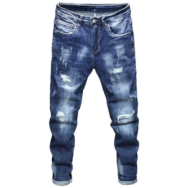 

mens designer slim jeans stretch long pants hole fashion pants, Blue