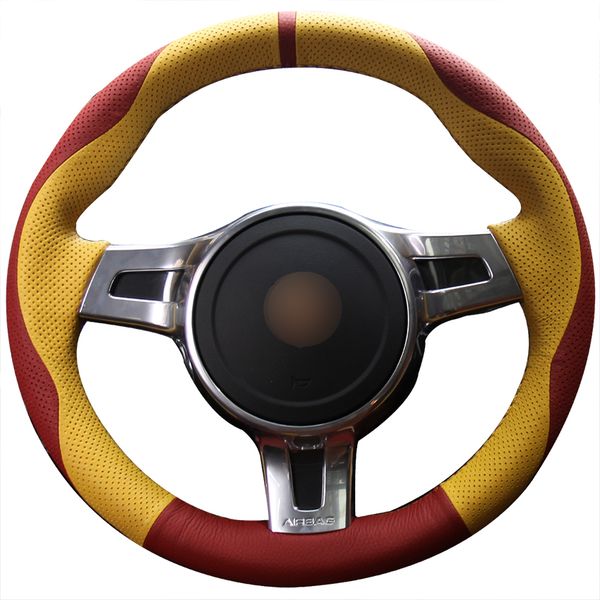 

red yellow genuine leather diy hand sewing car steering wheel cover for porsche cayenne panamera 2012 2013