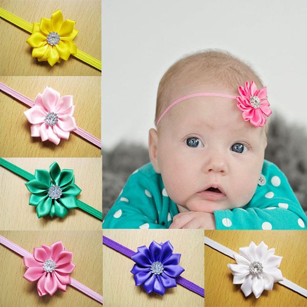 

newborn baby headbands kids rhinestone flower head bands girls elastic headwear children hair accessories, Slivery;white
