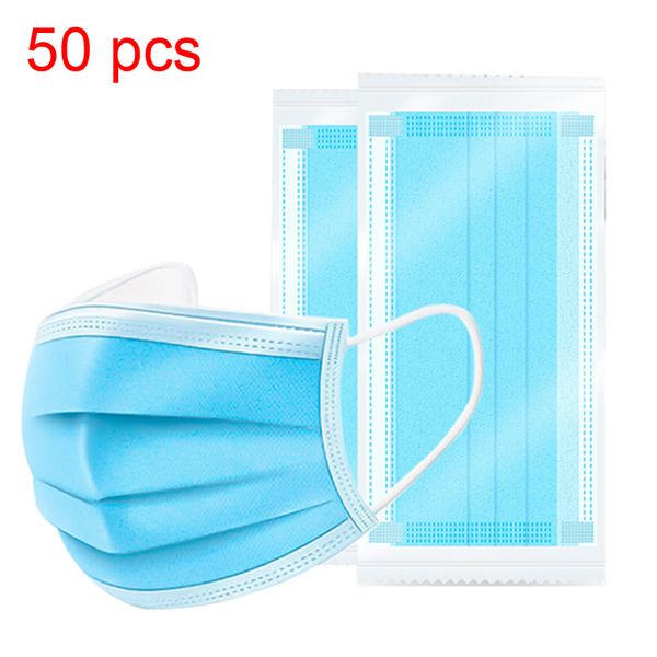 

50шт одноразовые маски для лица 3 слоя нетканые рот нетканые анти-пыли, анти-бактериальных петлевыми креплениями дыхательные маски безопасно