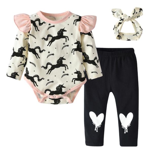 

newborn baby girl infant clothes autumn toddler outfits 3pcs sets long sleeves clothing animal dots t-shirt + pants + headband, White