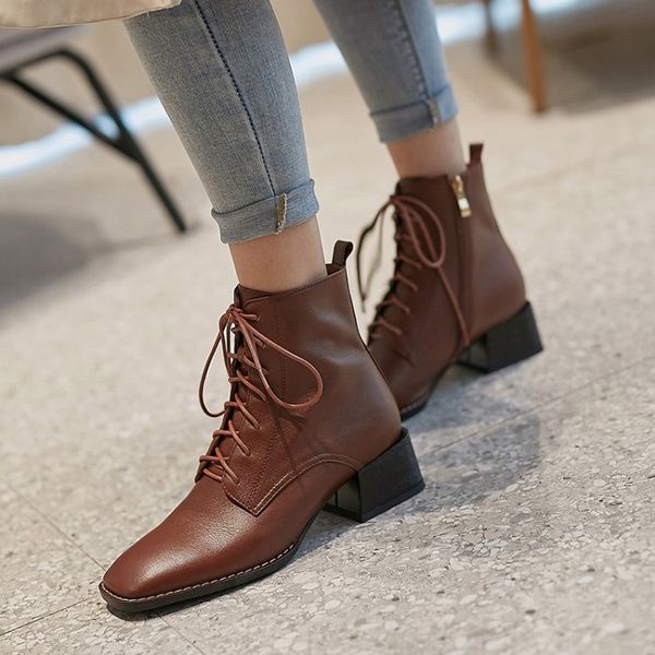 

mljuese 2020 women ankle boots cow leather lace up brown color square toe high heels winter short plush women boots party dress, Black