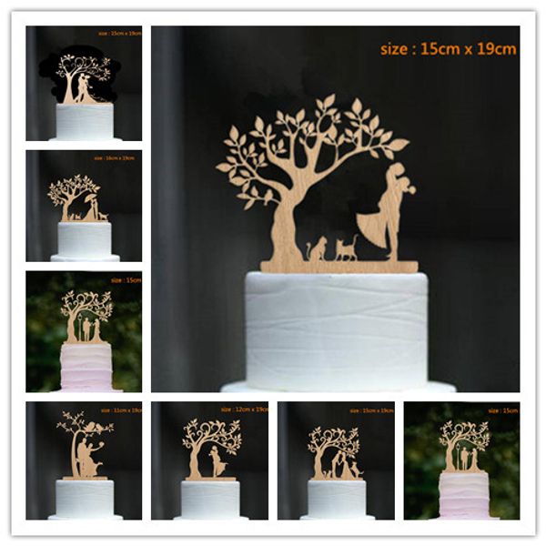 

mixed style wood cake er dancing bride and groom under the tree with dog and cat wedding cake er decoration