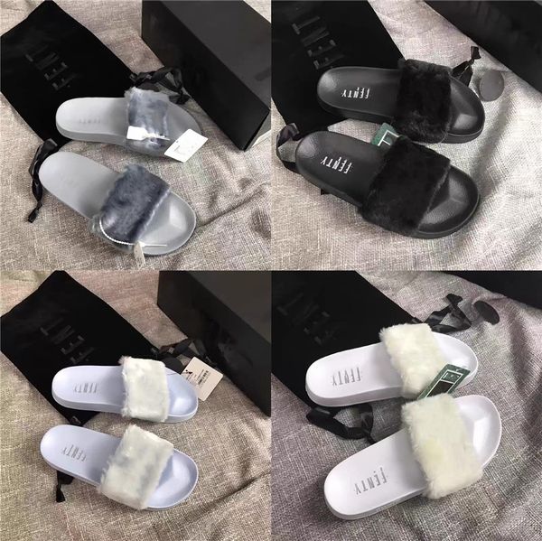 

2020 luxury furry female raccoon fur slide sandals slide fox fur slippers#195, Black