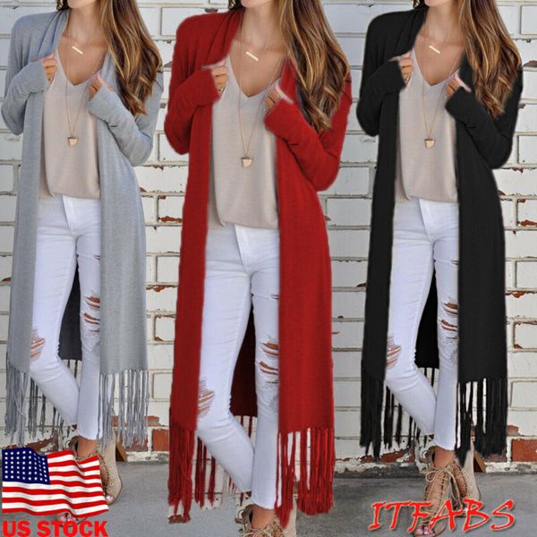 

fashion tassel cardigan long jacket women retro open stich outerwear autumn warm coat kimono, Black;brown