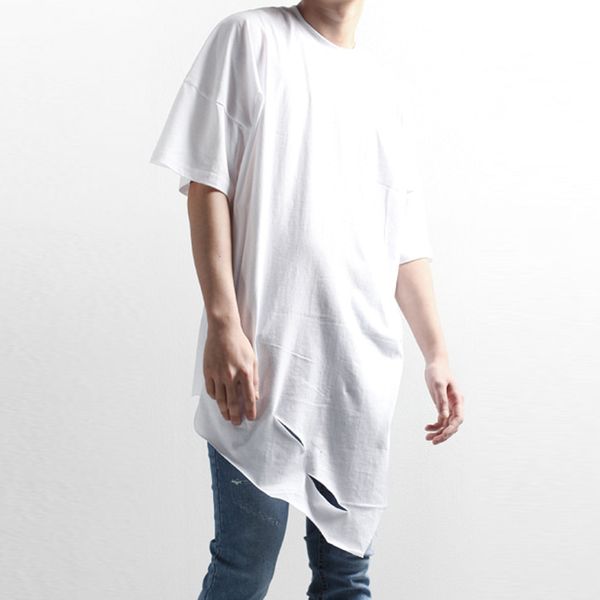 

trendy men's undershirt shirt korean summer irregular holes loose wild round neck short-sleeved t-shirt long section half-sleeve, White;black