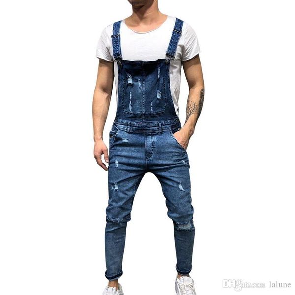 

новый рваные джинсы комбинезон мужская мода уличная отверстие джинсовые комбинезоны осень мужской повседневные карманы винтаж джинсы, Blue