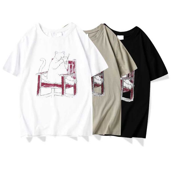 

20-й европейский и американский трендовый дизайнерский бренд лето новый высококачественный хлопок удобный all-match chair cat print couple t, White;black