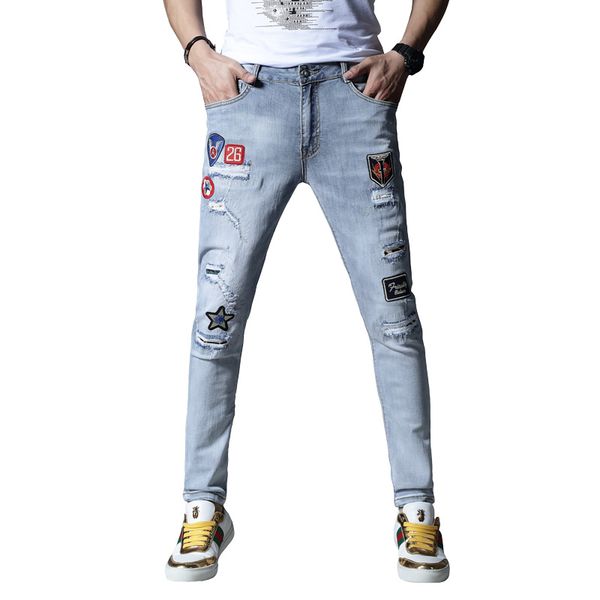 

new skinny jeans men ripped jeans for men embroidery stretch pants trousers cotton hip hop summer spring light blue
