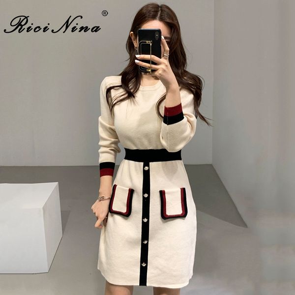 

ricinina mini dress knitted o-neck long sleeve buttons pockets women dress 2020 spring autumn casual elegant slim ladies dresses, Black;gray