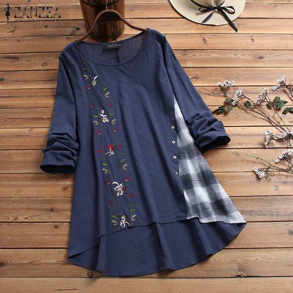 

2020 zanzea women's embroidery patchwork blouse vintage casual button long sleeve shirts female floral plus size tunic, White