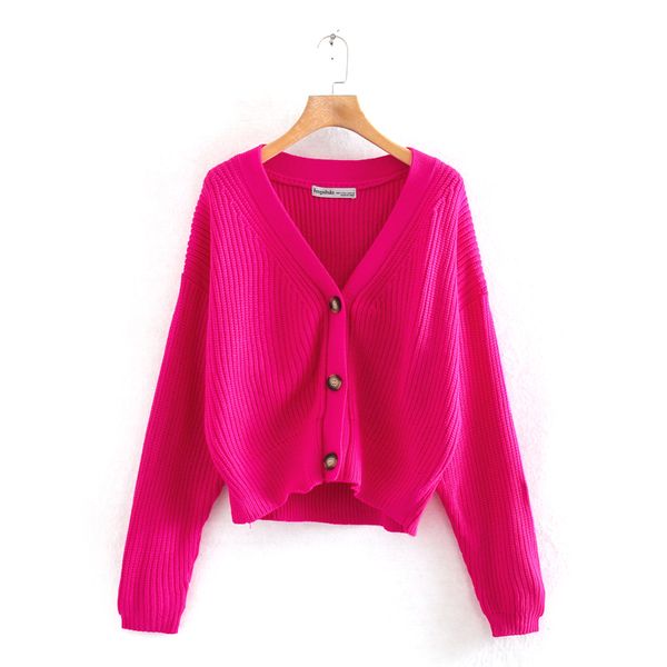 

fashion 2020 women knit cardigan dark purple long sleeve v-neck knitted coat metal buttons solid color, White