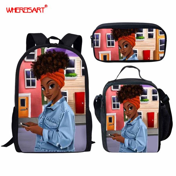 

whereisart 3pcs school bags for girls teenager schoolbag black art afro fashion school backpacks for children kids travel bag
