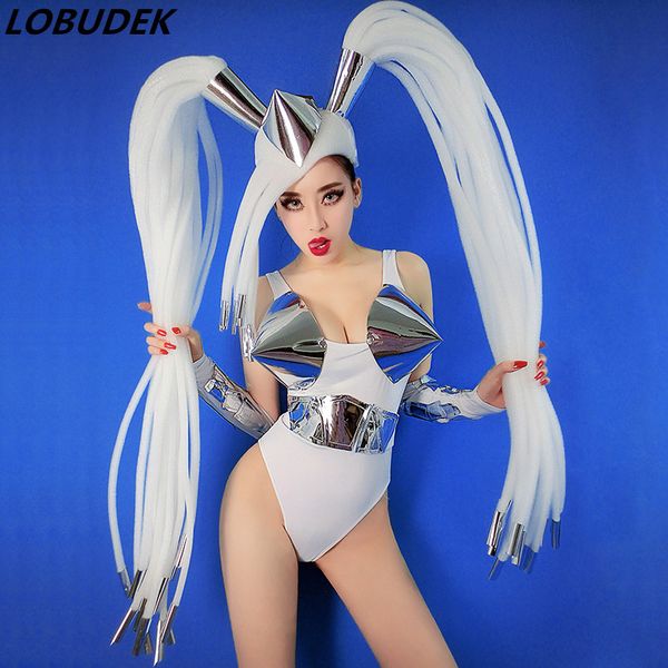

new fashion women bar ds costume silver laser white bodysuit cuff stage outfit future technology space dance performance clothes, Black;red