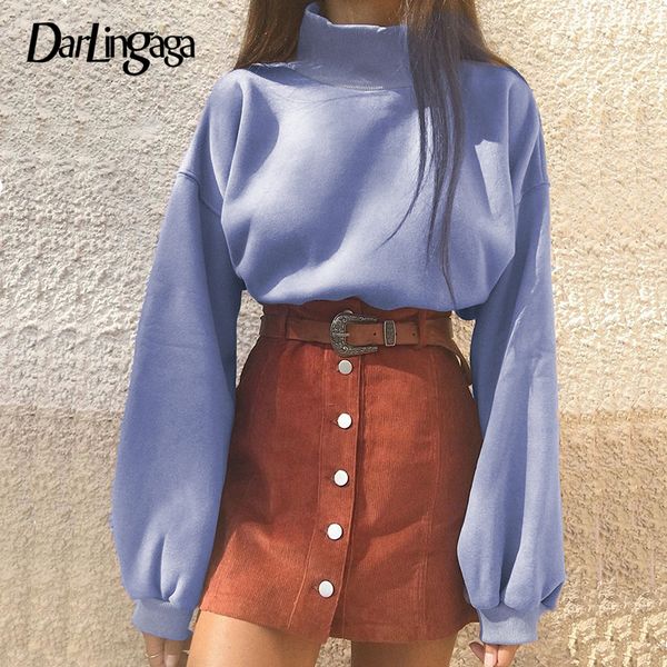 

darlingaga korean casual high neck pullover sweatshirt lantern sleeve harajuku cropped sweatshirts autumn winter hoody 2019, Black