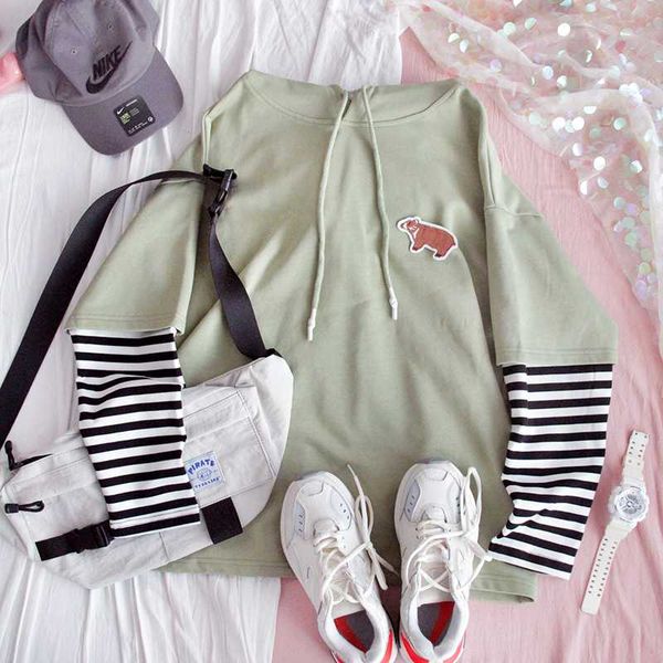 

women fake two piece hoodie sweatshirt hooded loose ins student harajuku stripe splice casual sweet pullover preppy style, Black