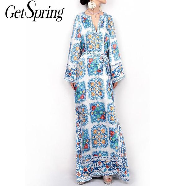 

getspring women dress summer maxi dress print chiffon dresses v neck long sleeve loose split bohemia boho floral plus size t200320, Black;pink