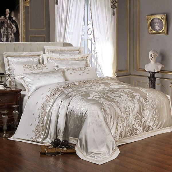 Sliver ouro luxo seda cetim jacquard capa de edredão conjunto cama rainha rei tamanho bordado conjunto cama lençol conjunto lençol conjunto t2001244i